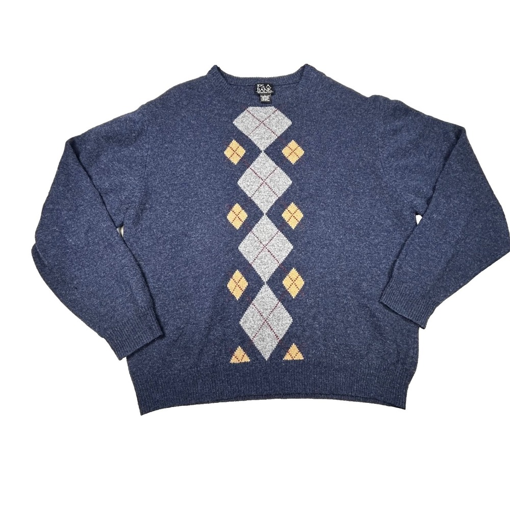 Jos A Bank Men's Lambswool Blend Crewneck Sweater Size L Preppy Argyle Golf